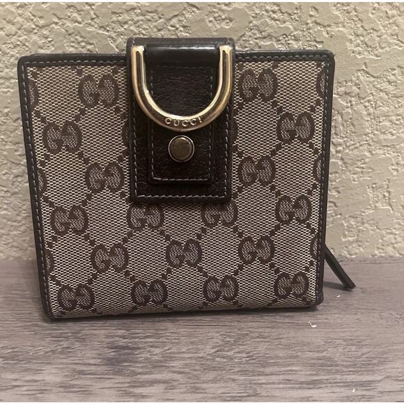 Gucci GG Canvas Bifold Wallet Brown Leather Trim Vintage Logo Gold Hardware - Picture 1 of 7